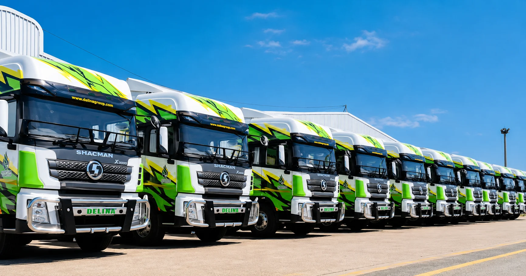 A line of branded Delina Shacman freight trucks