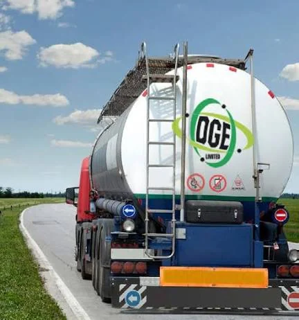 Rear view of a Delina Oil and Gas Enterprises tanker on the road